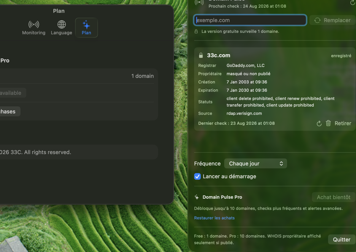 Domain Pulse macOS app showing monitored domain details and Pro settings